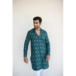 Teal color with Golden print designer full sleeves Long Kurta