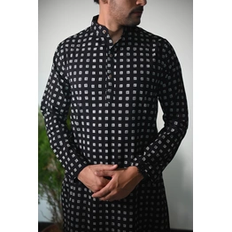 Black with Squares, Hand Block print designer full sleeves pure Cotton Long Kurta