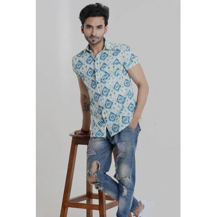 Blue color squares print half sleeves Cotton shirt