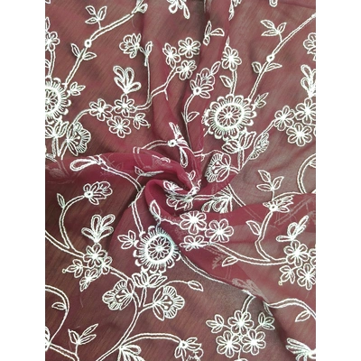 Red & White Parsi Gara Embroidery Fabric