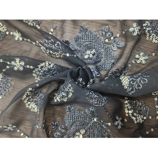 Black Mesh Ground Beaded Embroidered Fabric