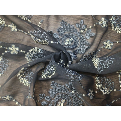 Black Mesh Ground Beaded Embroidered Fabric