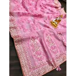 Hot Pink Organza Silk Saree Loaded With Heavy Golden Foil Work Embroidery, Attached With Fully Loaded Dashing Siroski, Indian Wedding Sari