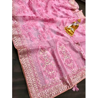 Hot Pink Organza Silk Saree Loaded With Heavy Golden Foil Work Embroidery, Attached With Fully Loaded Dashing Siroski, Indian Wedding Sari