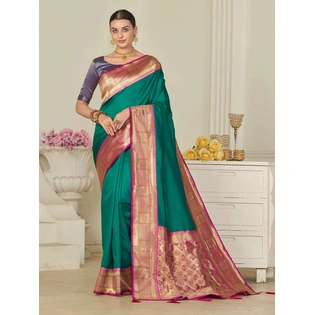 Rama Green And Pink Kanchipuram Softy Art Silk Saree | Indian Wedding Saree With Blouse | Fall Stitching Complimentary | Top Pick