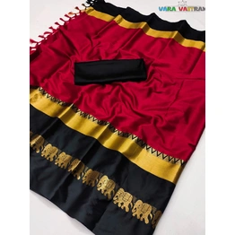 Hand-Crafted Red Black Cotton Silk Saree With Traditional Hathi Design Ideal Wedding Saree With Customized Blouse | Festival Saree India