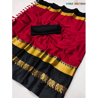 Hand-Crafted Red Black Cotton Silk Saree With Traditional Hathi Design Ideal Wedding Saree With Customized Blouse | Festival Saree India