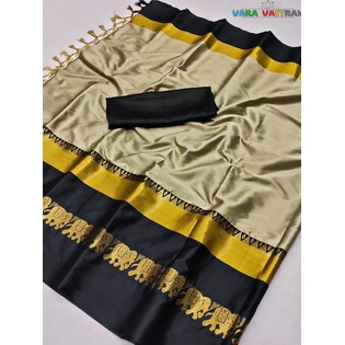 Elegant Cotton Silk Saree In Cream Black - Hand-Crafted With Traditional Hathi Design, Customized Blouse Wedding Attire For India