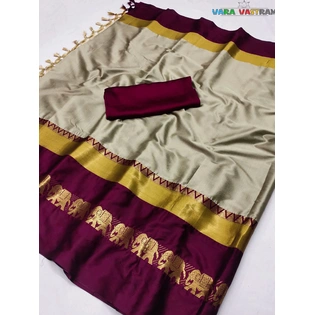 Cotton Silk Saree In Cream Maroon- Handcrafted With Traditional Hathi Design, Customized Blouse Wedding Sari For India