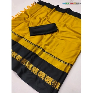 Gold Black Cotton Silk Saree - Handloom Woven By Artisans, Customized Blouse, Traditional Hathi Design, Indian Wedding And Festive Sari India