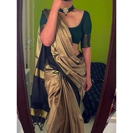 Cheeku Gold And Black Banarasi Silk Plain Saree, Saree With Green Blouse, Indian Wedding Saree, Party And Festive Wear Attractive Saree