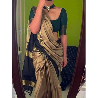 Cheeku Gold And Black Banarasi Silk Plain Saree, Saree With Green Blouse, Indian Wedding Saree, Party And Festive Wear Attractive Saree