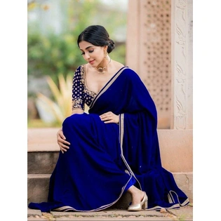 Elegant Blue Satin Silk Saree With Stitched Blouse | Bollywood Saree