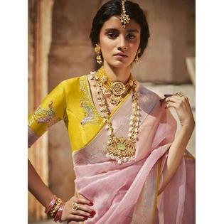 Taffy Pink Designer Saree With Lemon Yellow Embroidery Blouse | Art Silk Saree With Heart-Shaped Threadwork