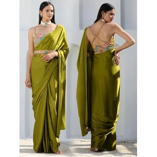 Lime Satin Shimmering Bollywood Designer Silk Saree For Weddings & Festivals - India Women'S Sari With Blouse, Bollywood Plain Silk Sari