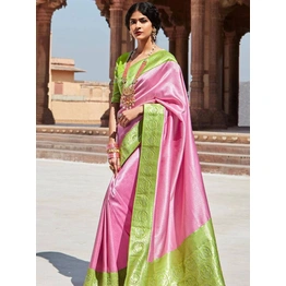 Parrot/Baby Pink Weaving Saree With Beautiful Designer Embroidery Blouse | Patched Border With Unique Latkan In Saree For Women | Sari India