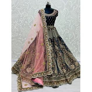 Exquisite Navy Blue Peacock Embroidered Velvet Bridal Lehenga Choli With Handwork - Rani Pink, Peach