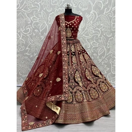 Luxurious Standing Flower Pot Embroidery Bridal Lehenga Choli - Soft Velvet, Intricate Embellishments, Customizable Fit, Morpich Lehenga