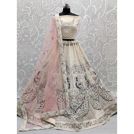 Cream Peacock Embroidered Designer Bridal Lehenga Choli On Georgette, Elegant Mirror & Dori Work, Soft Net Dupatta,Perfect Wedding Wear