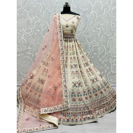 Beige Elegant Beige Multicolor Floral Bridal Lehenga Choli - Georgette Fabric, Sequins & Zari Work - Wedding, Festival, Ceremony Outfit