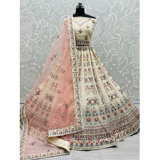 Beige Elegant Beige Multicolor Floral Bridal Lehenga Choli - Georgette Fabric, Sequins & Zari Work - Wedding, Festival, Ceremony Outfit