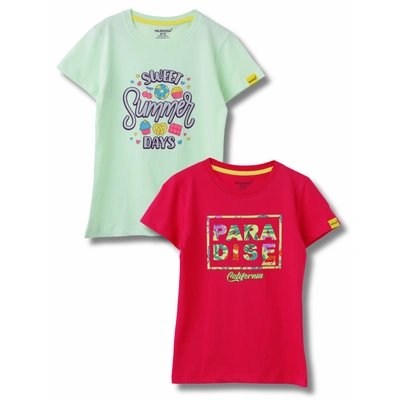 Girls T-Shirt Patina Green / Bright Rose Pink, Soft Cotton, Ages 7-14 (2pcs pack)