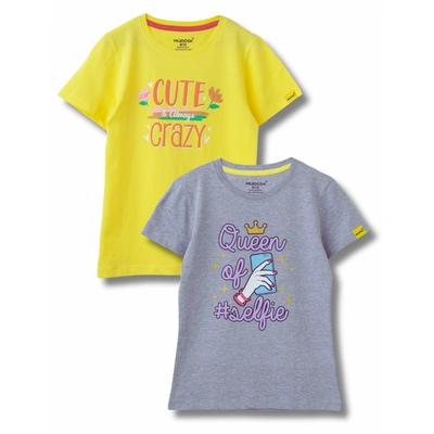 Mijoosh Girls T-Shirt Blazing Yellow / Grey Heather Mélange, Soft Cotton, Ages 7-14 (2pcs pack)