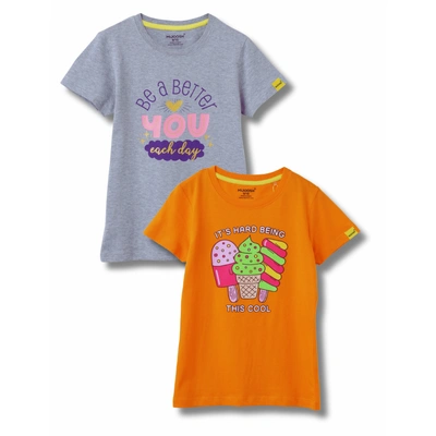 Girls T-Shirt Grey Heather Mélange / Vibrant Orange, Soft Cotton, Ages 7-14 (2pcs pack)