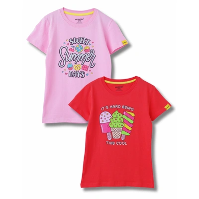 Mijoosh Girls T-Shirt Hibiscus Red / Bonbon Pink, Soft Cotton, Ages 7-14 (2pcs pack)