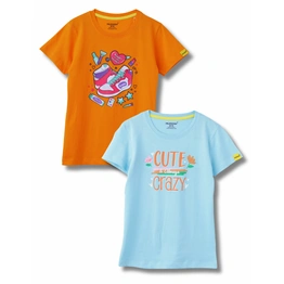 Girls T-Shirt Vibrant Orange / Atomizer Blue, Soft Cotton, Ages 7-14 (2pcs pack)