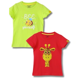 Mijoosh Girls T-Shirt Hibiscus Red / Acid Lime Green, Soft Cotton, Ages 2-6 (2pcs pack)