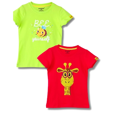 Mijoosh Girls T-Shirt Hibiscus Red / Acid Lime Green, Soft Cotton, Ages 2-6 (2pcs pack)