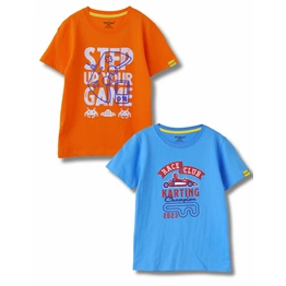 Boys T-Shirt All Aboard Blue / Scarlet Ibis Orange, Soft Cotton, Ages 7-14 (2pcs pack)