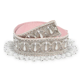 Embroidered Silver Belt, Waist Belt, White Belt , Pearls and Swarovski Crystals