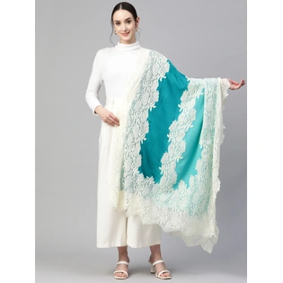 Turquoise Blue Ombre with Lace Fine Wool Shawl