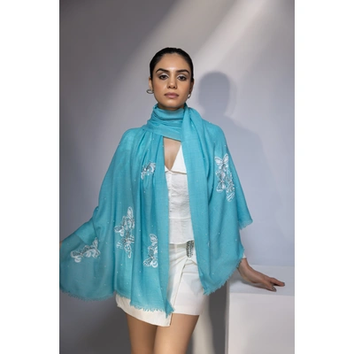 MODARTA Turquoise Blue Shawl, Pure Pashmina Shawl with hand embroidery white butterflies