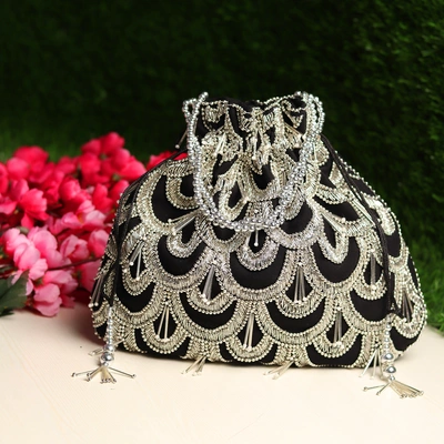 MODARTA Black Potli Bag with exquisite silver circles embroidery