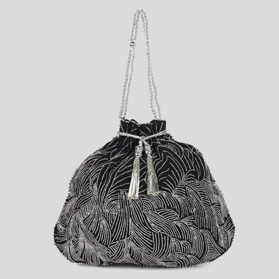 Black Potli Bag with exquisite silver waves embroidery