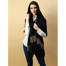 Black Shawl, Pure Pashmina Shawl hand embroidered with intricate floral artwork