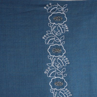 MODARTA Blue Winter Shawl with hand embroidered floral design