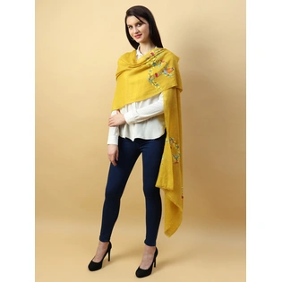 Yellow Shawl, Pure Pashmina Shawl hand embroidered with floral basket pattern