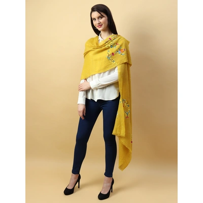 Yellow Shawl, Pure Pashmina Shawl hand embroidered with floral basket pattern