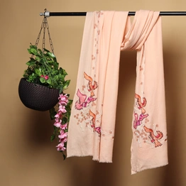 Light Peach Pink Pure Pashmina Shawls Online, hand embroidery, bird design