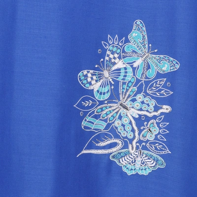 MODARTA Royal Blue Pure Pashmina Shawl with White Butterflies & Feathers