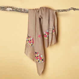 Tan Pure Pashmina Shawl with Geometric Hand Embroidered Design