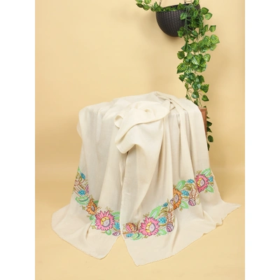 White Pure Pashmina Shawl with Floral Embroidery