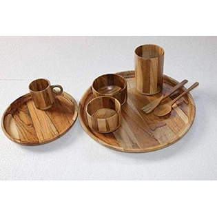 Hand Crafted Wood Dinner Set (2 Bowls, 1 Glass, 1 Mug, 2 Spoons, 2 Plates)