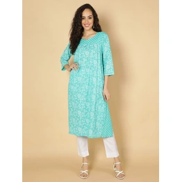 Cotton Ethnic Motifs Printed A-Line Pleated Women Kurta (Aqua)