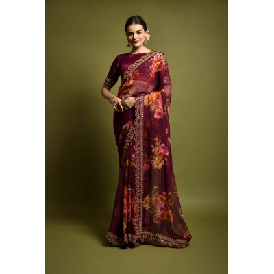 Chiffon Saree Adorned with Sequins and Cord Embroidery With Blouse Piecs