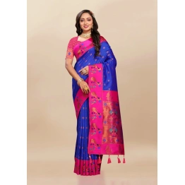 YNF Soft Paithani Silk Saree with Rich Zari & Meenakari Weaving, Contrast Border & Tassels